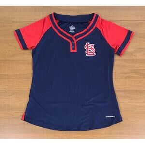 Majestic STL Cardinals Cool Base Jersey Polo Shirt Women's Size L / XL Blue Red
